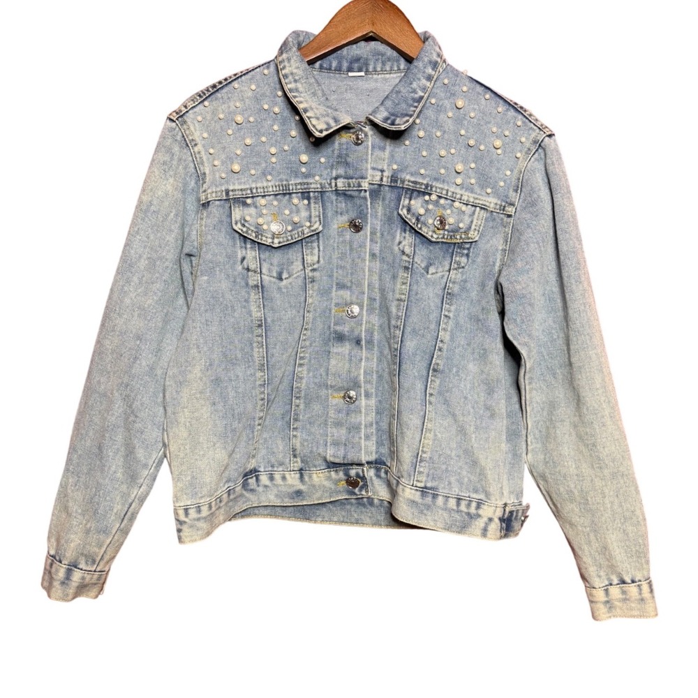 Women NA Customized Mrs.Vincent Pearl Embellished Light Wash Denim Jacket